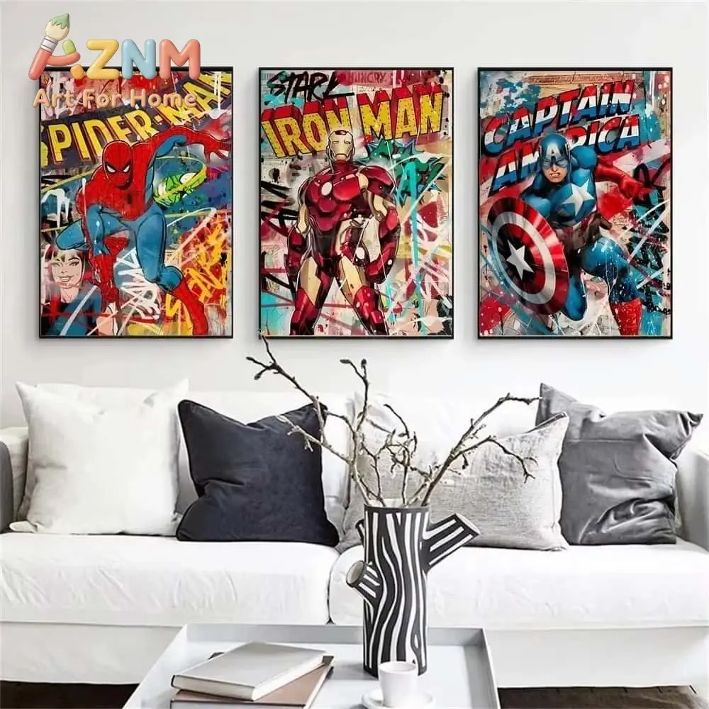 AZNM Marvel Superhero Graffiti Comic Canvas Wall Art Frameless Poster Spider-Man Captain America Street Art Print Room Decor