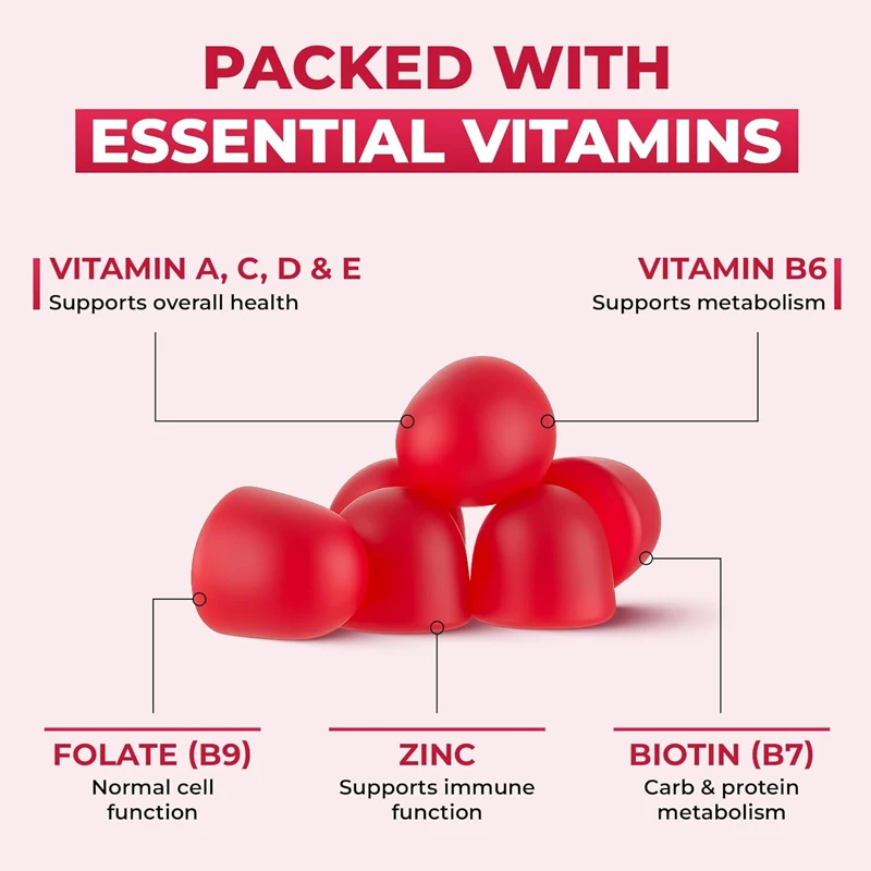 Adult multivitamin gummies - vitamins A, C, D, E, folic acid - supports hair, skin, immunity, energy