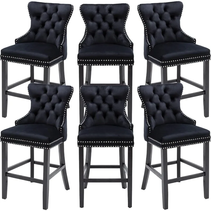 Bar Stools Set of 6, Velvet 26 Counter Height Stools with Button Tufted Back, Rivet Trim Bar Chairs for Kitchen Island Wood