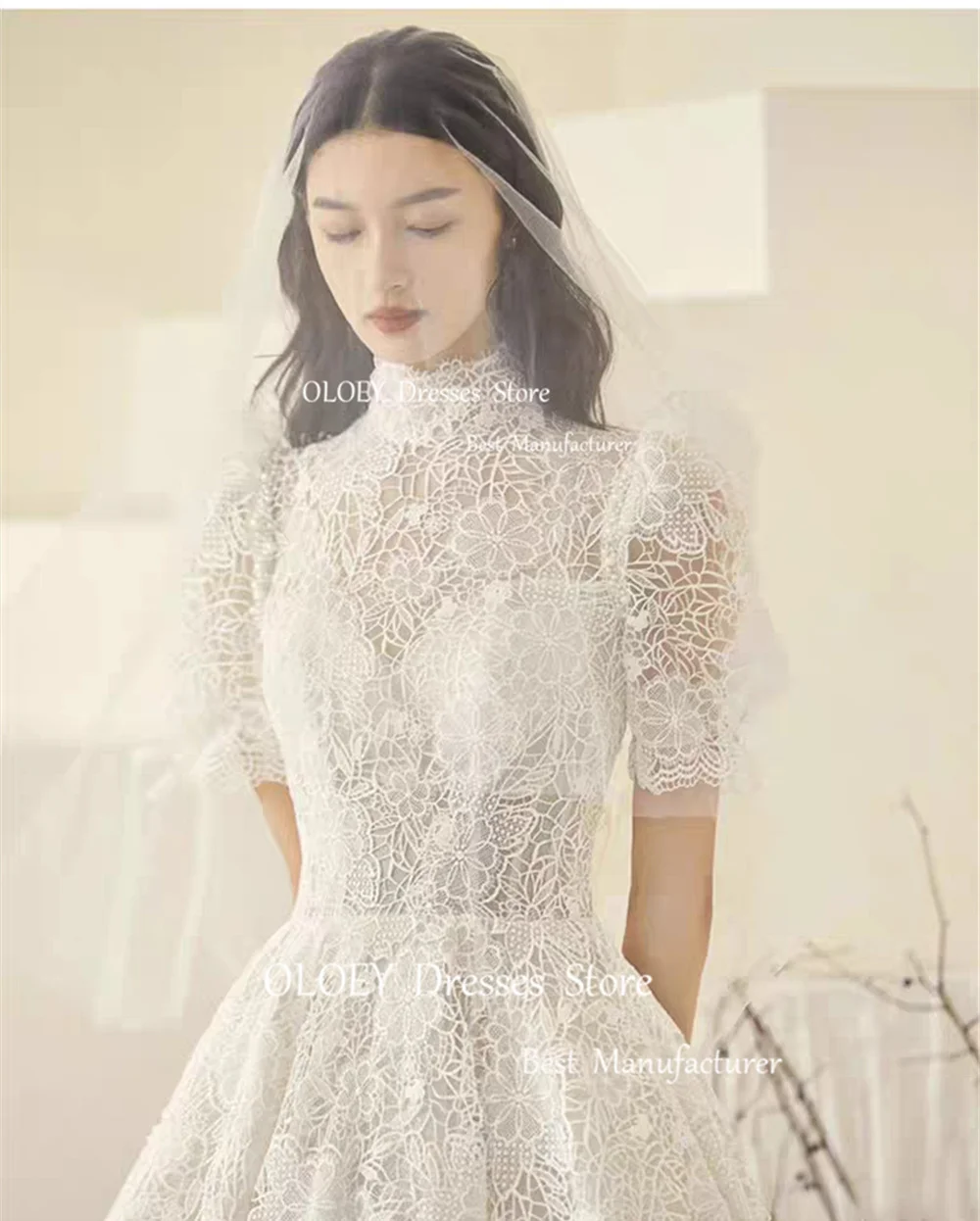 OLOEY vestido de novia de encaje blanco exquisito, cuello alto, mangas cortas abullonadas, largo hasta el suelo, línea de barrido, personalizado gratis