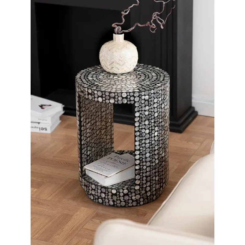 American Retro Round Side Table Creative Shell Inlay Accent Furniture for Living Room Sofa Corner Decor