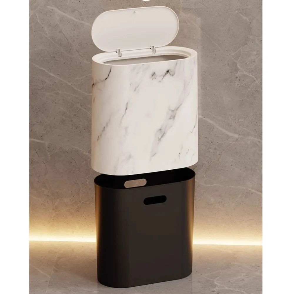 New Narrow Bathroom Trashcans with Lids Marble Texture Garbage Bin Press Type Toilet Trash Bin for Home Indoor Hotel