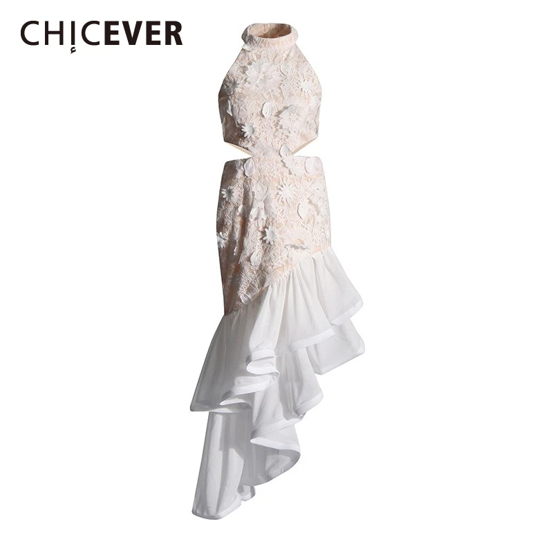 

CHICEVER White Patchwork Appliques Prom Dresses for Women Halter Sleeveless High Waist Hollow Elegant Asymmetrical Dress Female