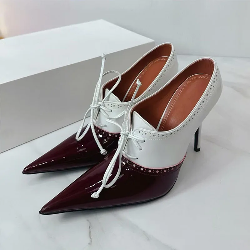 

Сексуальные женские туфли-лодочки на высоком каблуке с острым носком, подиумные туфли на шнуровке, женские летние туфли из лакированной кожи разного цвета на каблуке для женщин