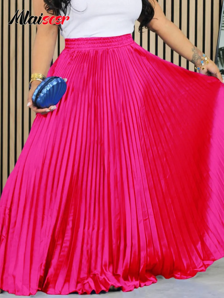Women High Waist Pleated Long Skirt Fashion Satin Flowy Maxi Skirt Dress for Party Wedding Guest Gown Birthday Evening Vacation