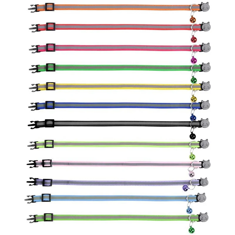 ABMR-48 Pcs Reflective Cat Collars Quick Release Safety Buckle With Bell Adjustable 19-32Cm (12 Colors)