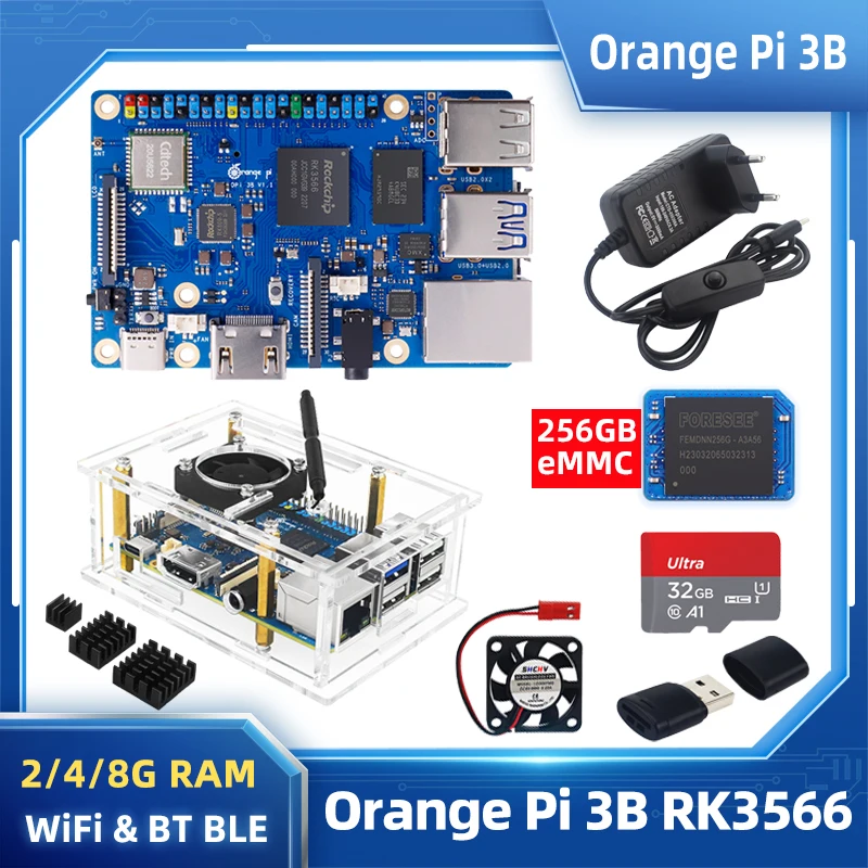 Orange Pi 3B 2/4/8 GB RAM DDR4 RK3566 WiFi Bluetooth BLE SBC Optional 256GB EMMC TF Card Case Fan Heatsink Power Supply OPI 3B