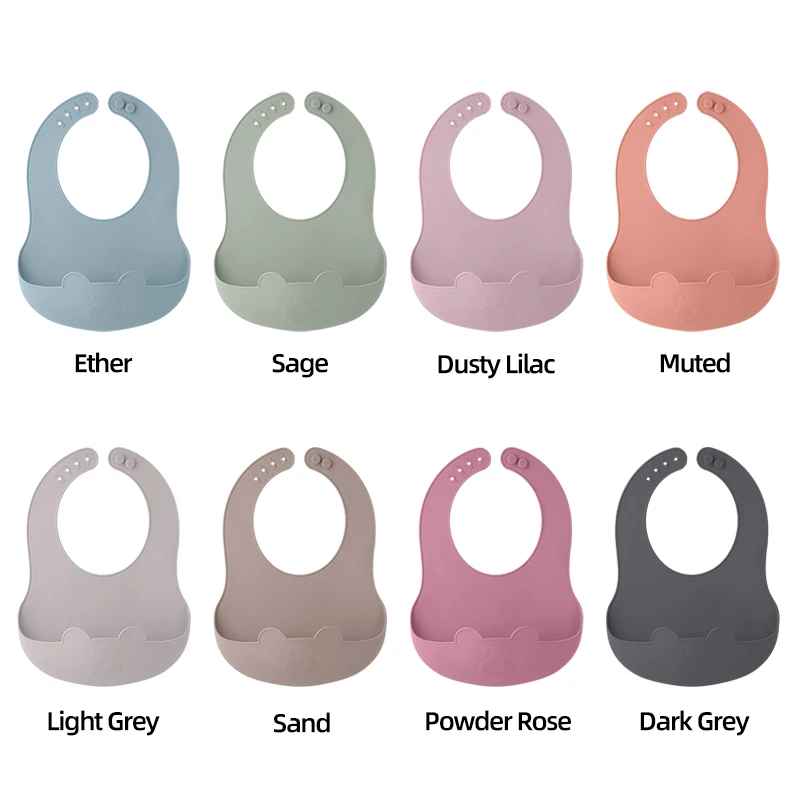 Bear Silicone Bibs Babies Waterproof Bib Solid Color 6-speed Adjustment Saliva Pocket Children\'s Burp Cloths Accessories Newborn