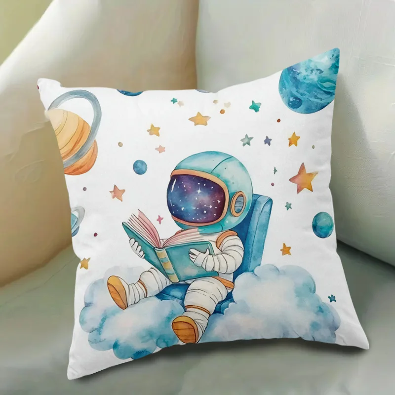 Double Sided Watercolor Astronaut Reading Book Throw Pillow Cover Kids Space Planet Print  Cushion Cover for  Home Decor