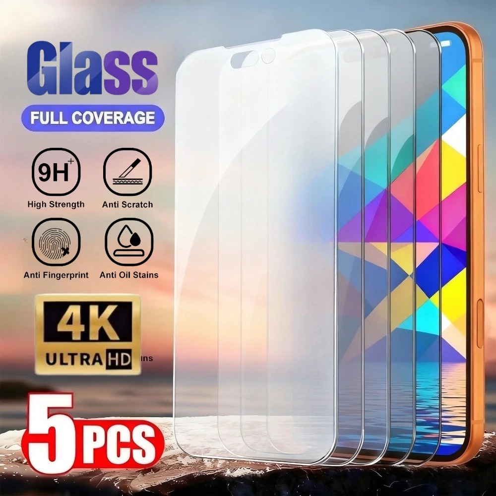 

5Pcs Ultra HD Screen Protector for iPhone 17 16 15 14 Pro Max Air 13 12 11 Pro Mini 15 16 Plus XS XR 9H Hardness Tempered Glass