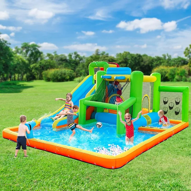 

Inflatable Bounce House Water Slide, 9 in 1 Bounce House for Kids Indoor Outdoor Bouncy HouseWater Bounce House Ball Shooting