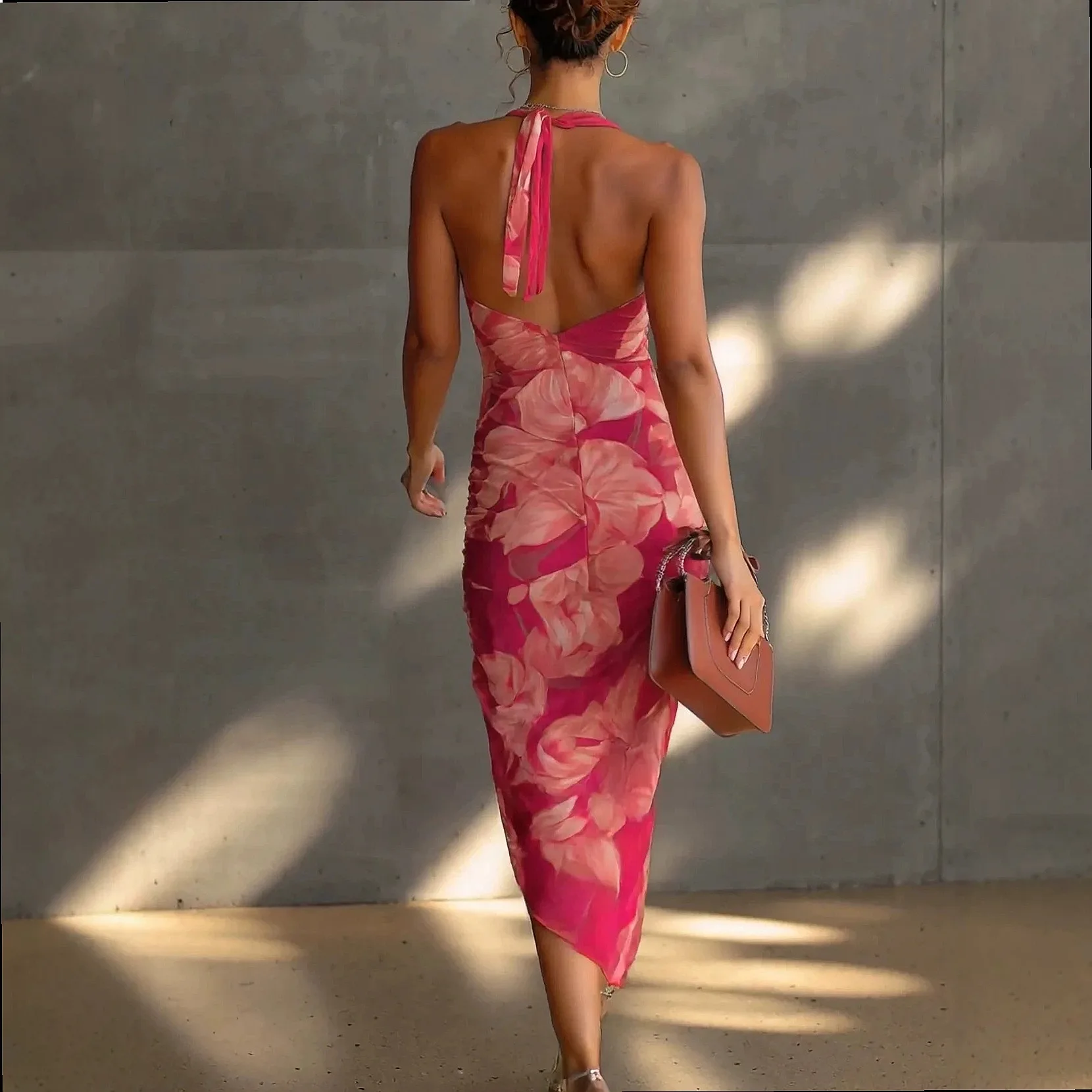 Sexy Backless Print Maxi Dress Bodycon High Slit Long Dresses Spring Summer