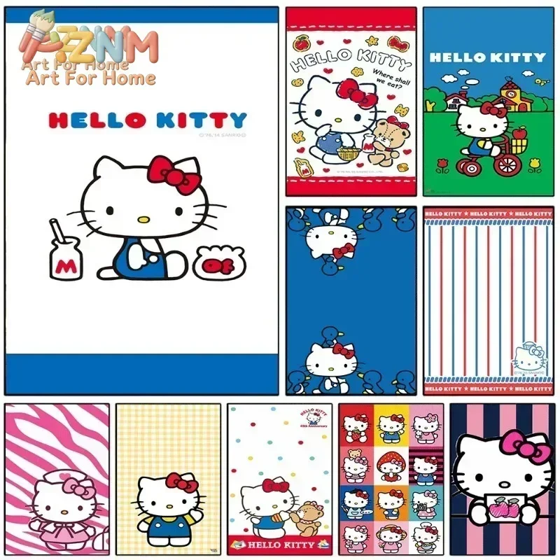 AZNM Hello Kitty Canvas Poster, Cute Cartoon Kitty Wall Art, Unframed Canvas Painting, Home Decor for Kids Bedroom,