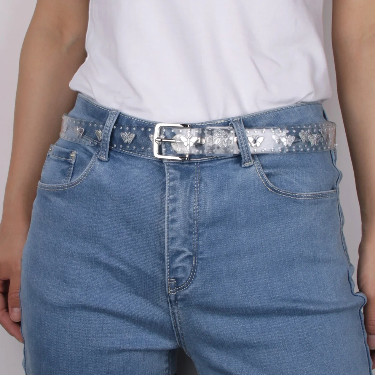 Y2K Butterfly Print Transparent Laser Glitter Belt Thin PVC Frosted Waist Belt for Women Cool Sweet Spicy Fashion Accessory