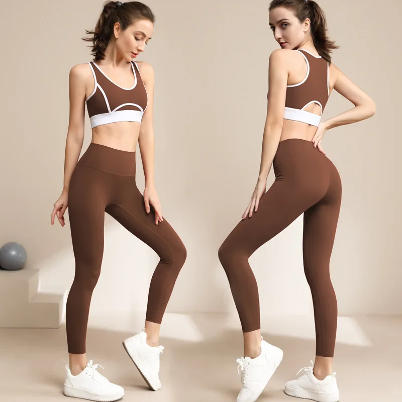 Legginsy z wysokim stanem + biustonosz kobiety joga dwuczęściowy zestaw Patchwork Fitness dres na siłownię trening bieganie odzież sportowa Ropa