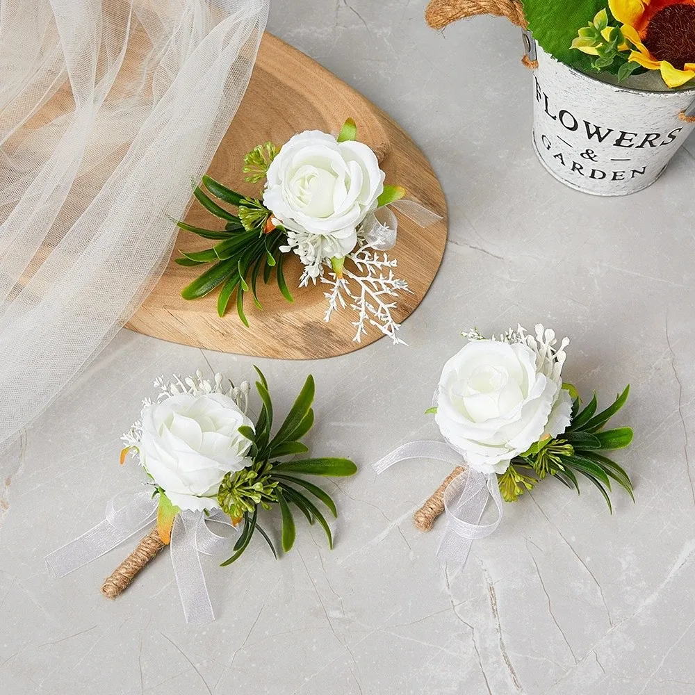 New Artificial White Roses Boutonnieres Flowers Brooches Style Silk Wedding Corsage Reusable Wrist Flower Wedding Accessories