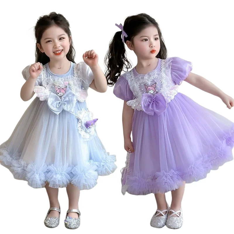 

Sanrio Dress Kuromi Summer New Style Children Purple Hot Princess Dress Fashion Puff Sleeve Mesh Baby Birthday Puff Dress Gift