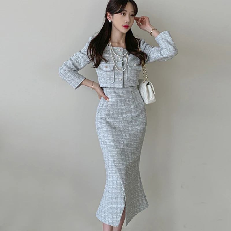 Terno xadrez coreano single-breasted para mulheres, conjuntos vintage de saia lápis midi, casacos curtos, tweed, simples, outono, inverno, novo,