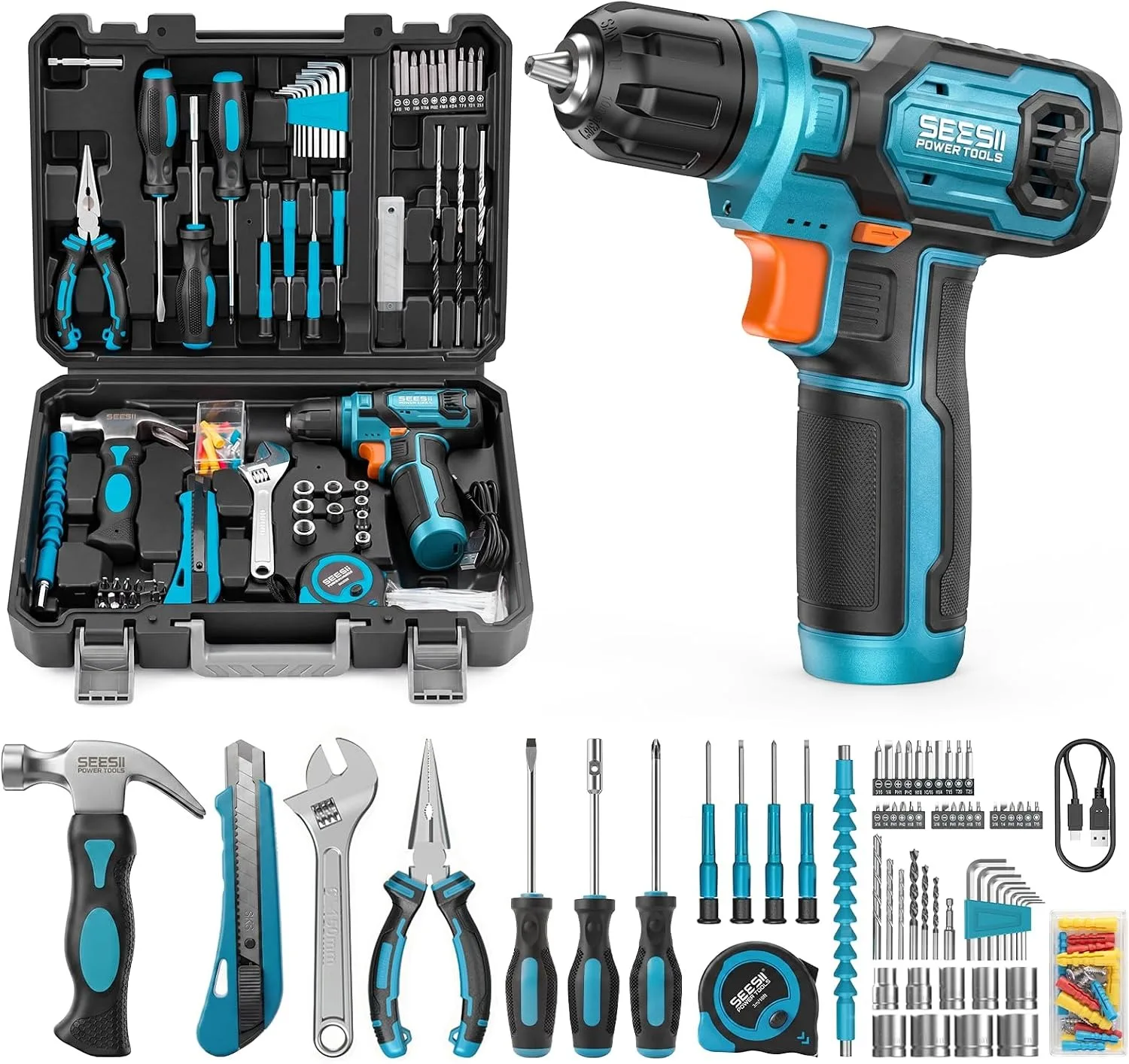 SEESII Cordless Drill Set 108 Pcs Home Tool Kit 2000mAh Battery Type-C Fast Charge 12Nm Power Drill with Premium Hand Tools Flexible Shaft Ideal for DIY Home Repair