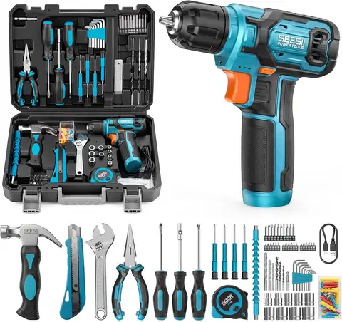 SEESII Cordless Drill Set 108 Pcs Home Tool Kit 2000mAh Battery Type-C Fast Charge 12Nm Power Drill with Premium Hand Tools Flexible Shaft Ideal for DIY Home Repair