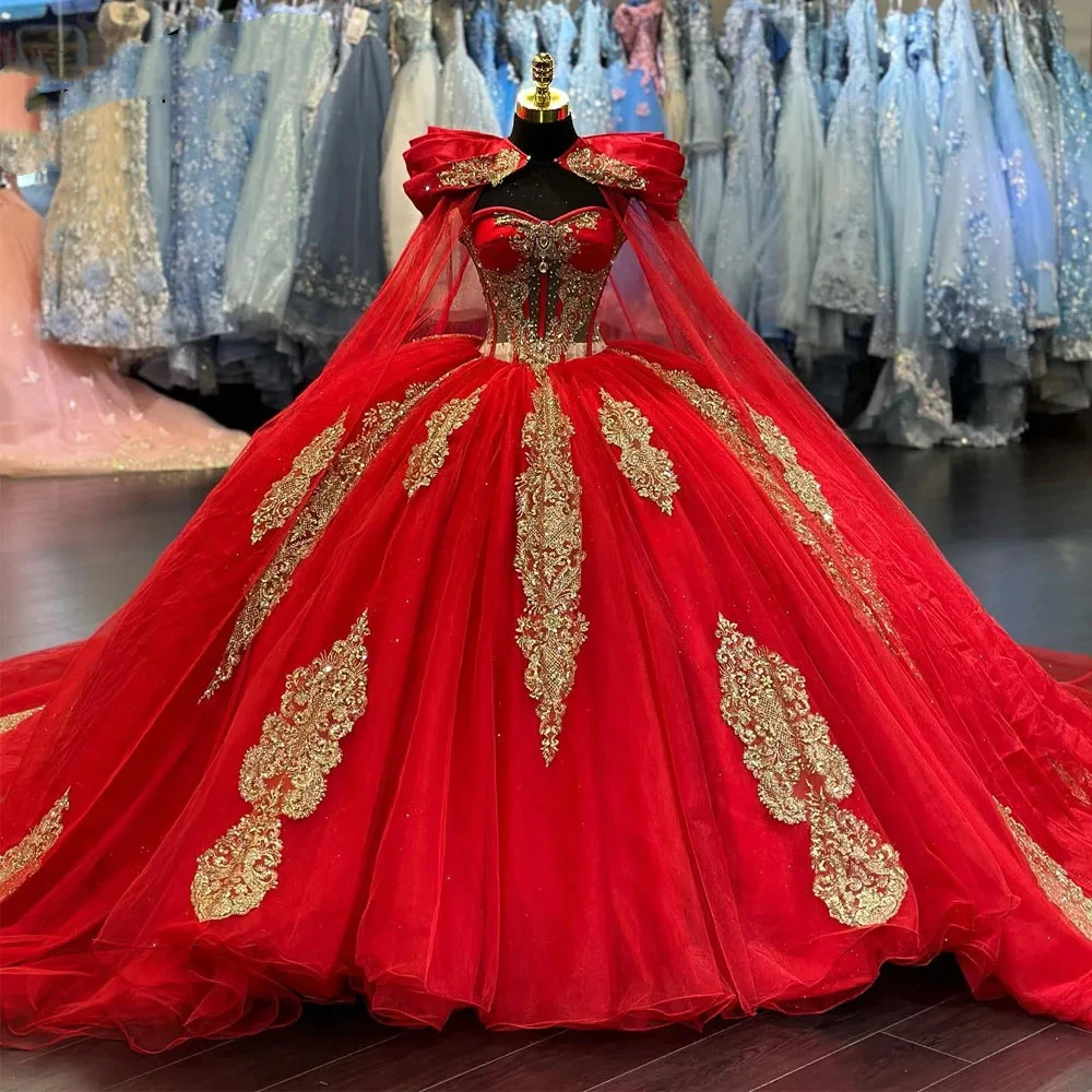 

Elegant Red Ball Gown Quinceanera Dresses With Long Wrap Gold Lace Beading Strapless Layered Tulle Vestidos De 15 Anos XV