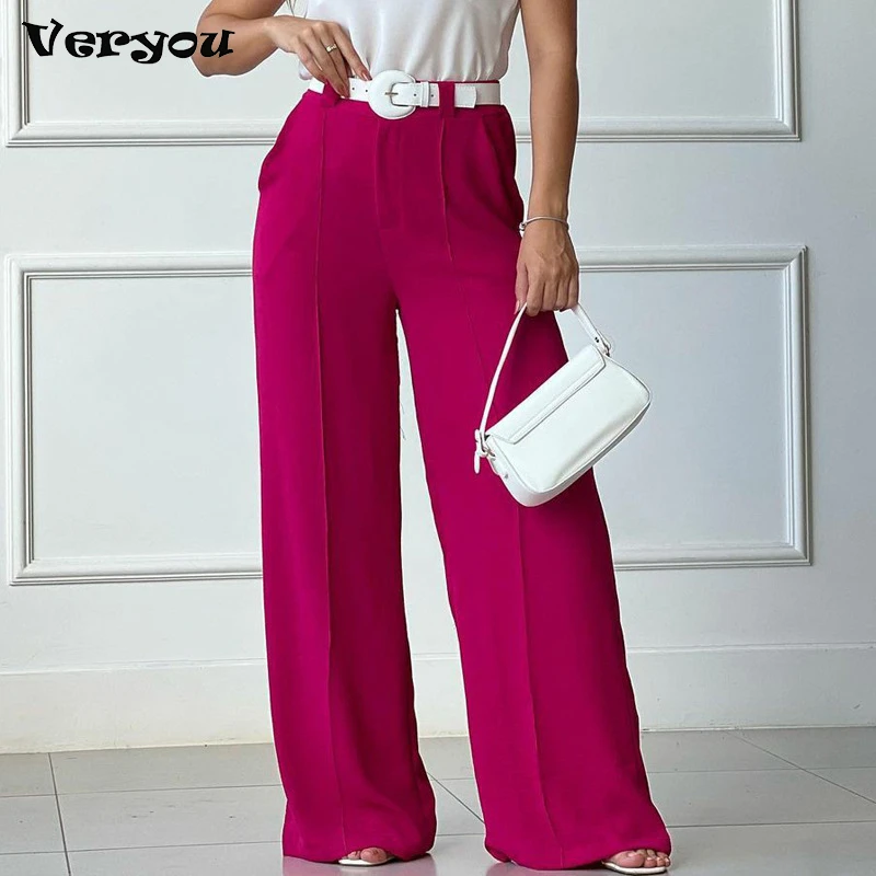 

Fashion Casual Wide Leg Pants Women Mid Rise Solid Loose Long Trousers Party Office Lady Pleated Trim Palazzo Pantalon Femme