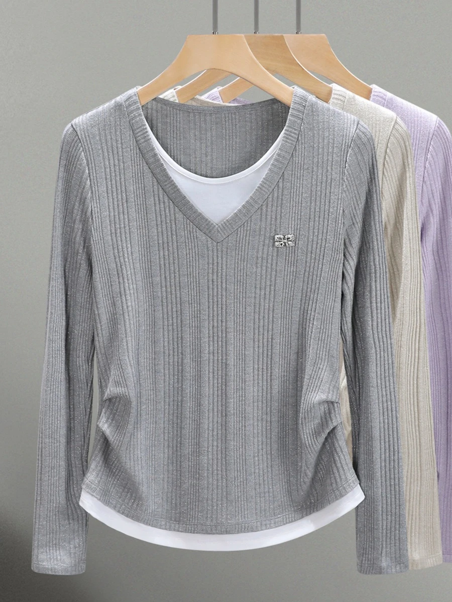 2026 Fall Winter Women Fake Two Piece Long Sleeve T-shirt Korean Style Slim Fit Designer Layering Undershirt Casual Elegant Tops