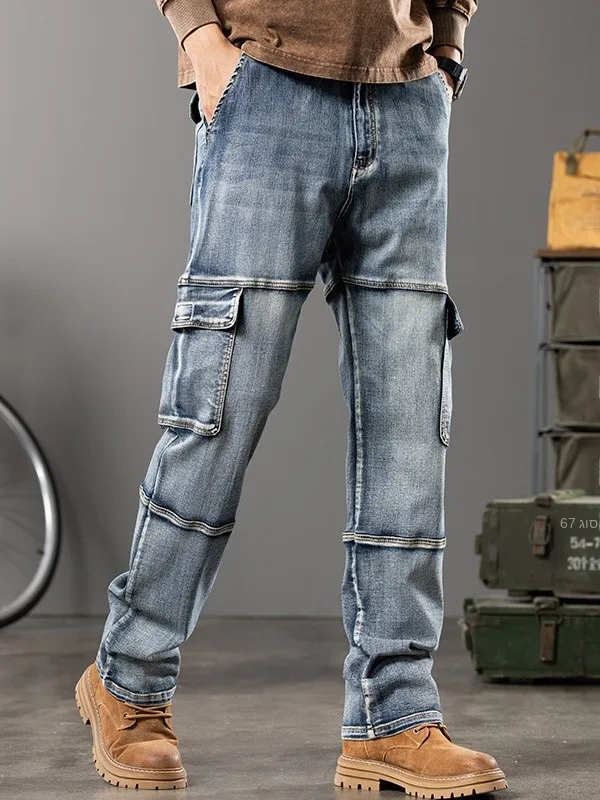

Spring Autumn Large Size Workwear Style Multi-Pocket Jeans Men Loose Straight Leg Long Trousers Trendy Brand Large Size