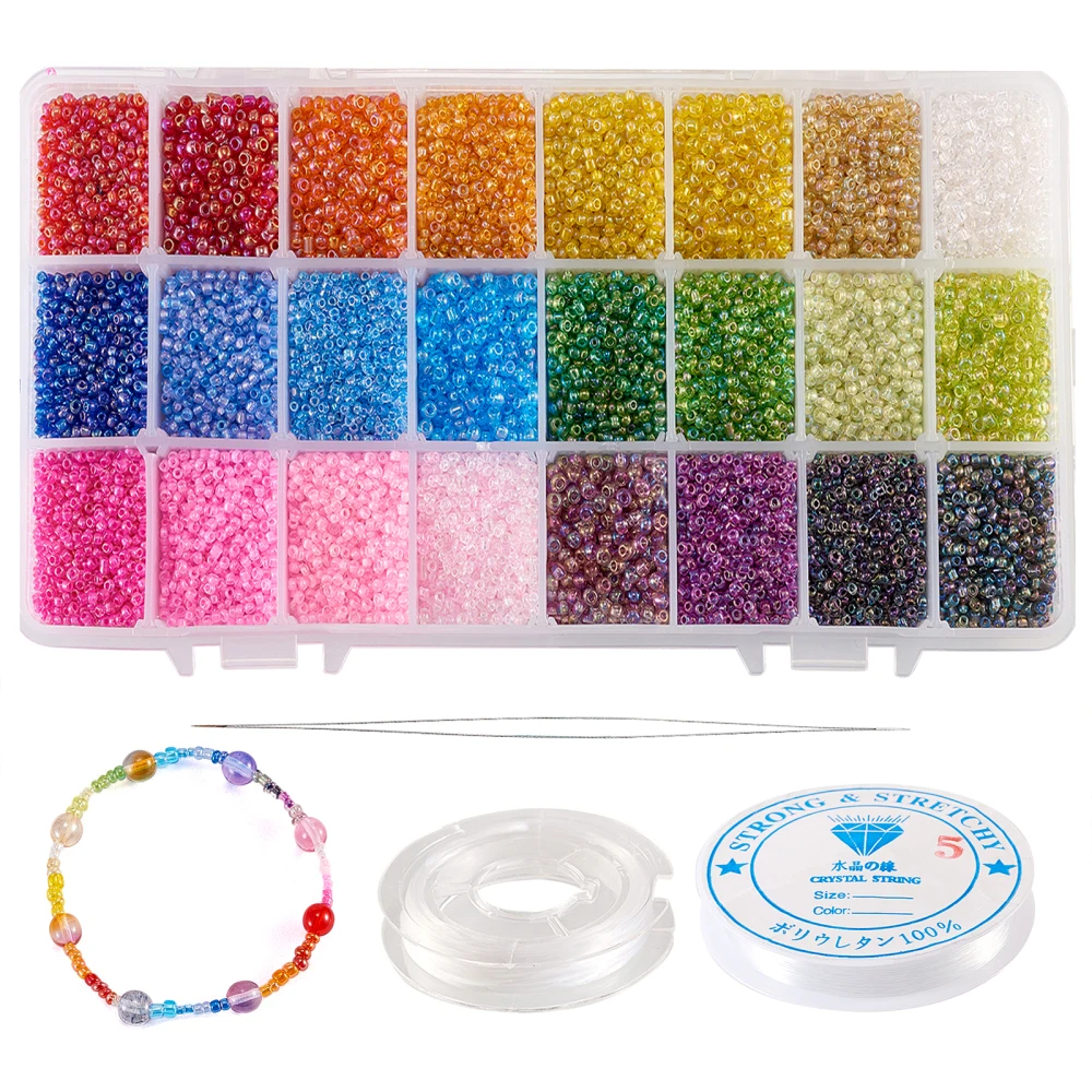 480g 24 Colors Transparent Colors Rainbow Round Glass Seed Beads Beading Needles and  Elastic Crystal Thread for DIY Making