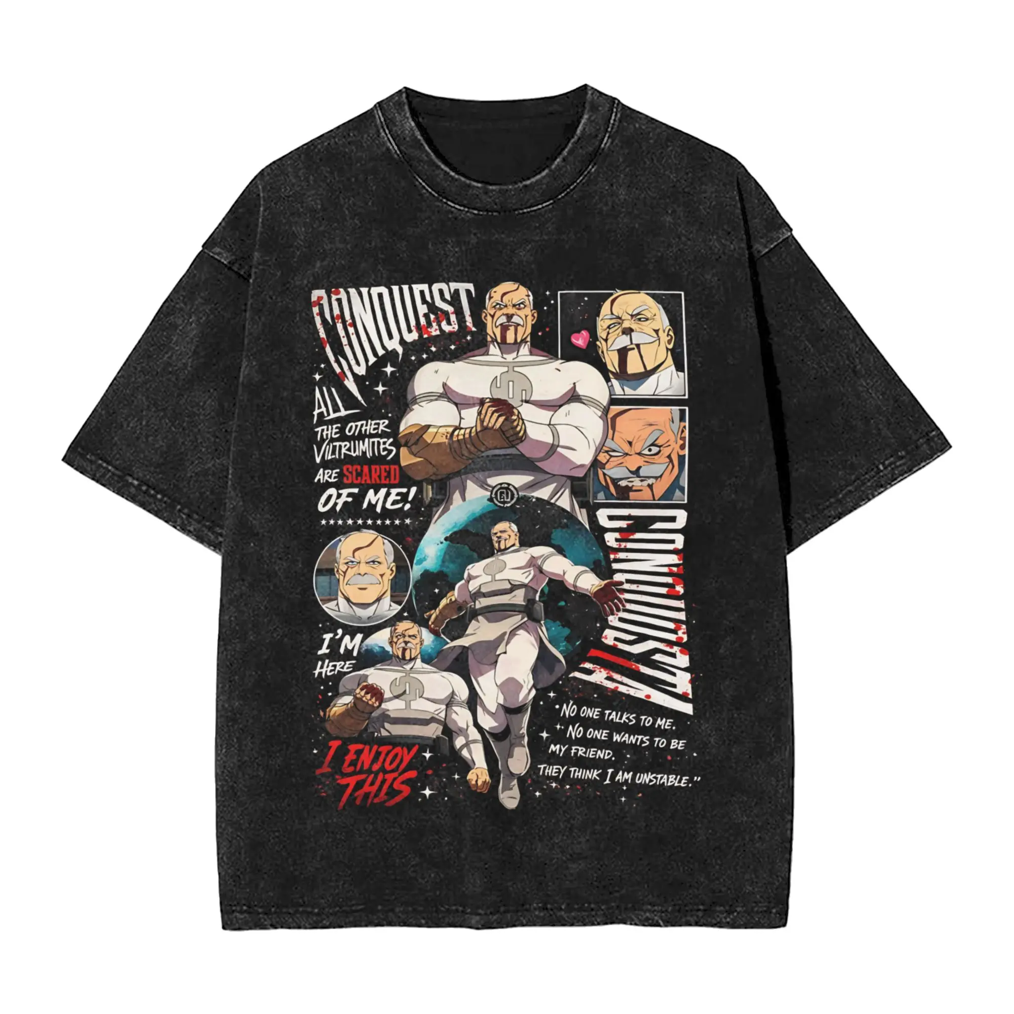 Conquest invincible comic Washed T Shirt Mens  Y2K Basic Cotton T Shirts Summer O Neck Hip Hop Tees Loose Oversized Clothing