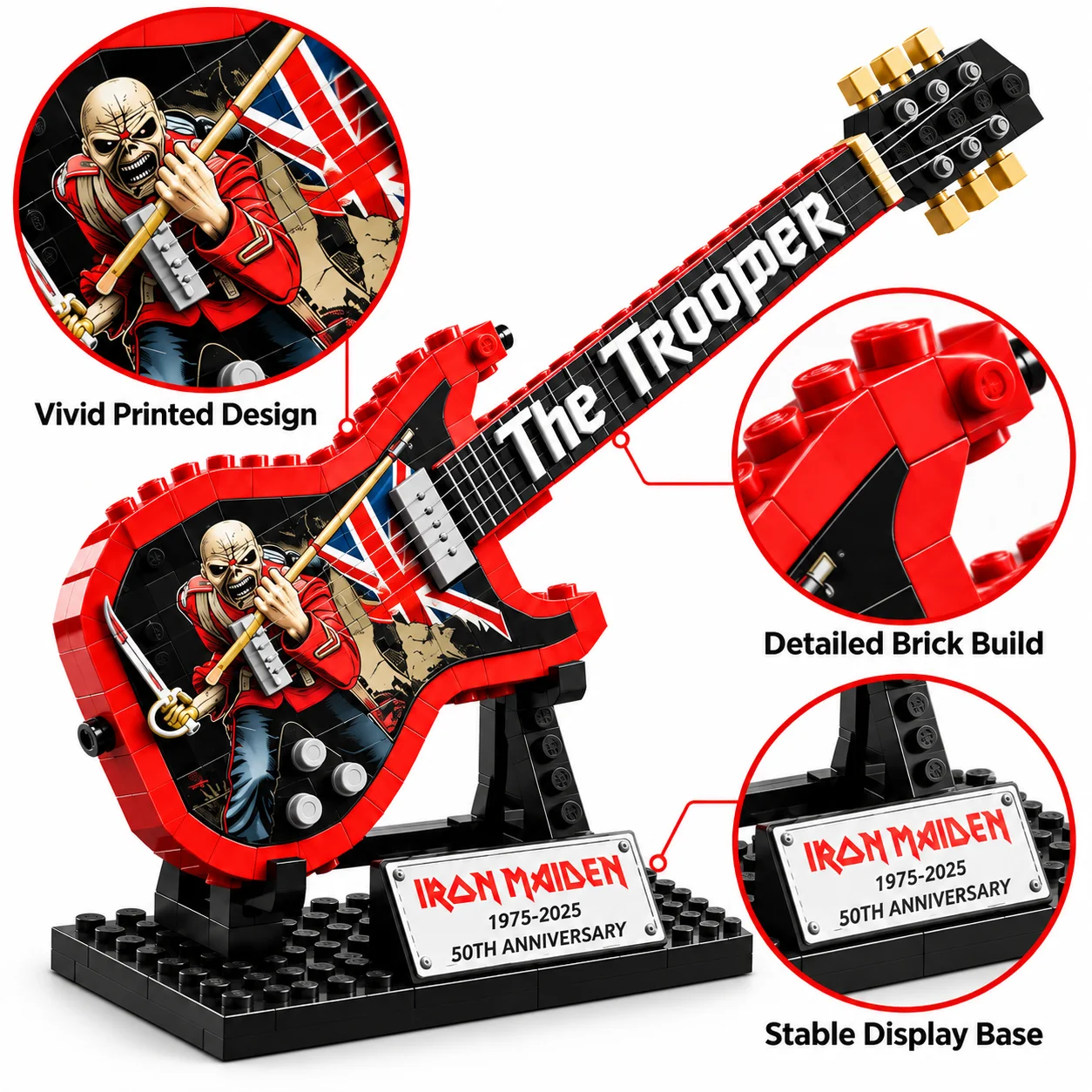 Iron Maiden The Trooper Guitar Building Block Display Ornament, 50th Anniversary Brick Model with Stand, Collectible