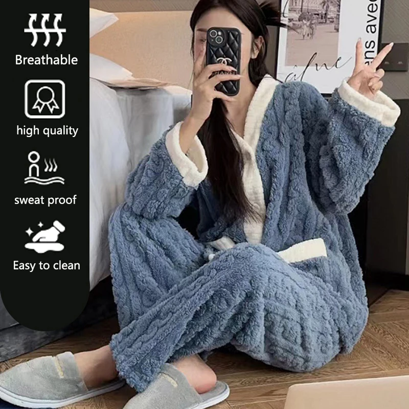 Thickened Warm Flannel Pajamas Women\'s Top and Pants Striped Sleepwear Loungewear Ladies Long-Sleeved Solid Nightwear Homewear