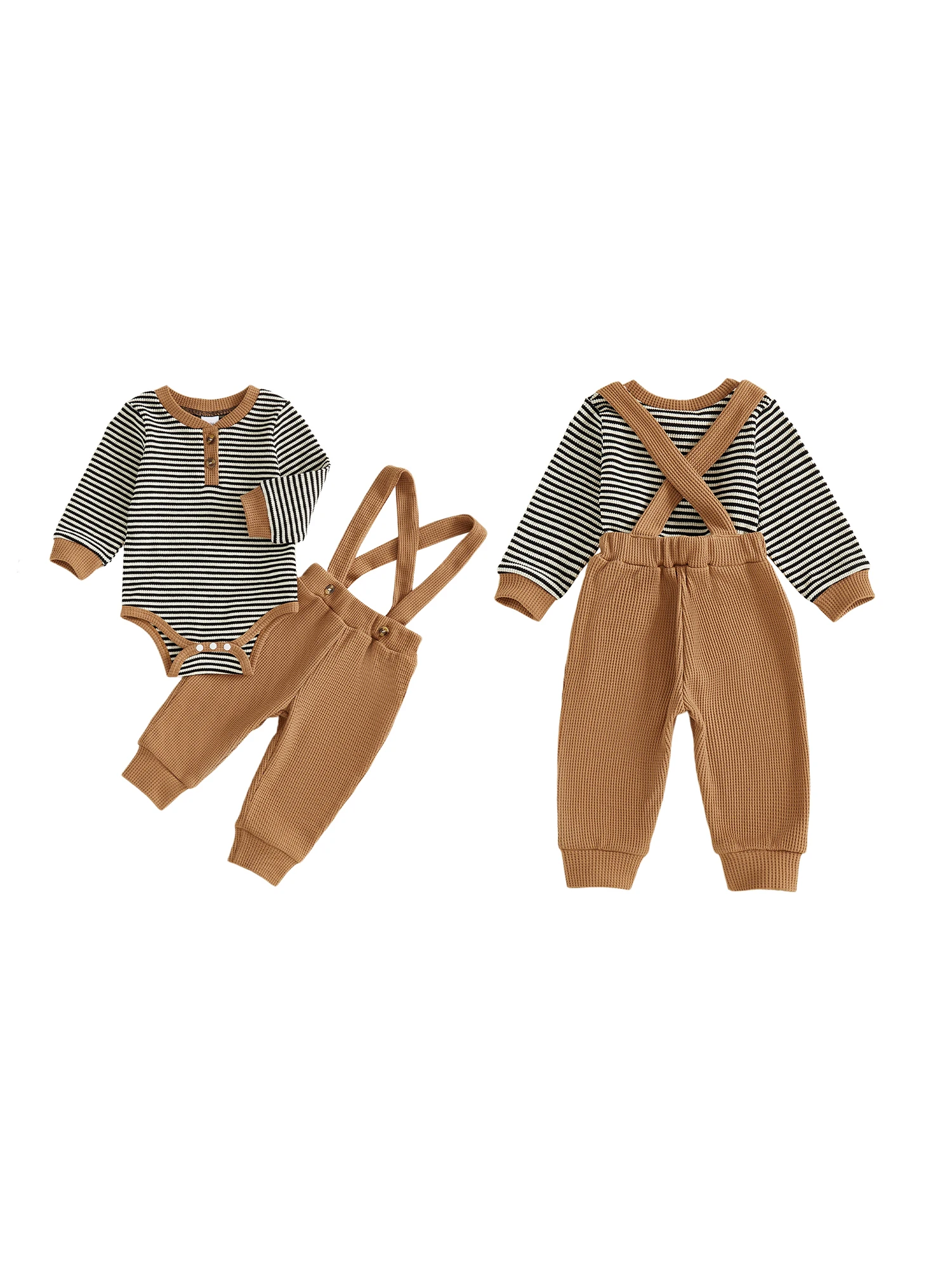 

Toddler Boys 2-Piece Clothing Set with Long Sleeve Striped Romper and Suspender Pants Crew Neck Outfit for Baby Boys