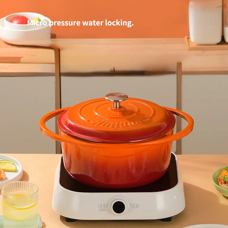 Large Capacity Enamel Cast Iron Soup Pots Gradual Orange Uncoated Healthy Love Concubine Pot Micro Pressure Lock Water Stew Pot