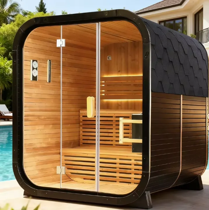 Outdoor Red Cedar Traditional Panoramic Cube Sauna Room For Villa Custom Design Accommodates 2-4 People