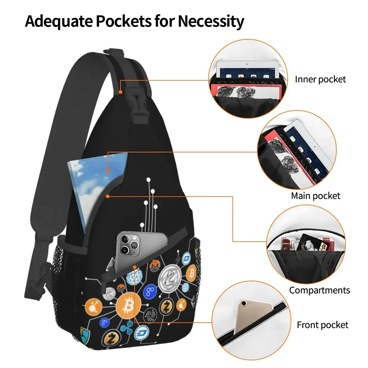 Cryptocurrency Bitcoin Sling Bag Chest Crossbody Shoulder Sling Backpack Travel Hiking Daypacks BTC Crypto Currency Printed