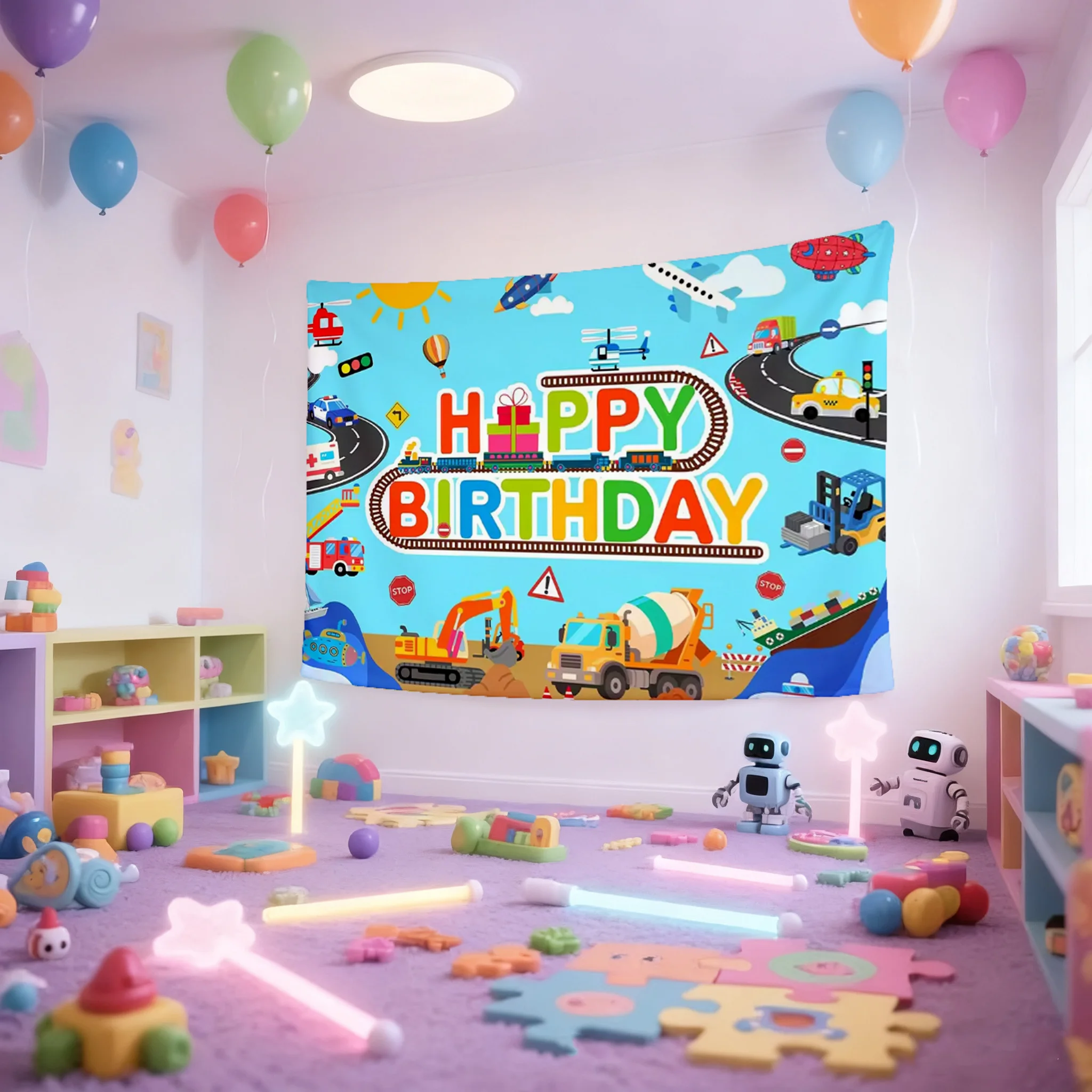 Cartoon Transportation Car Colorful Small Train Theme Background Child Birthday Party Decorations Baby Shower Supplies Backdrop view 2