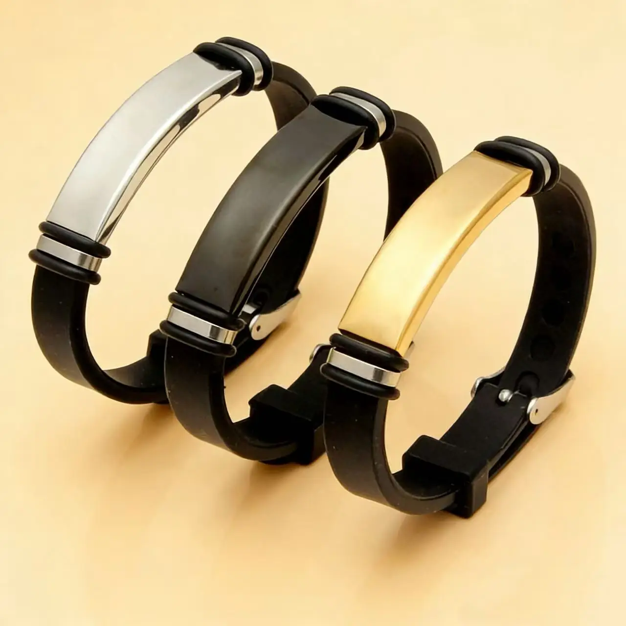 HNSP Men Silicone Bracelet Stainless Steel Blank Bar Bangle Adjustable Wristband Engravable ID Bracelet Male Daily Jewelry