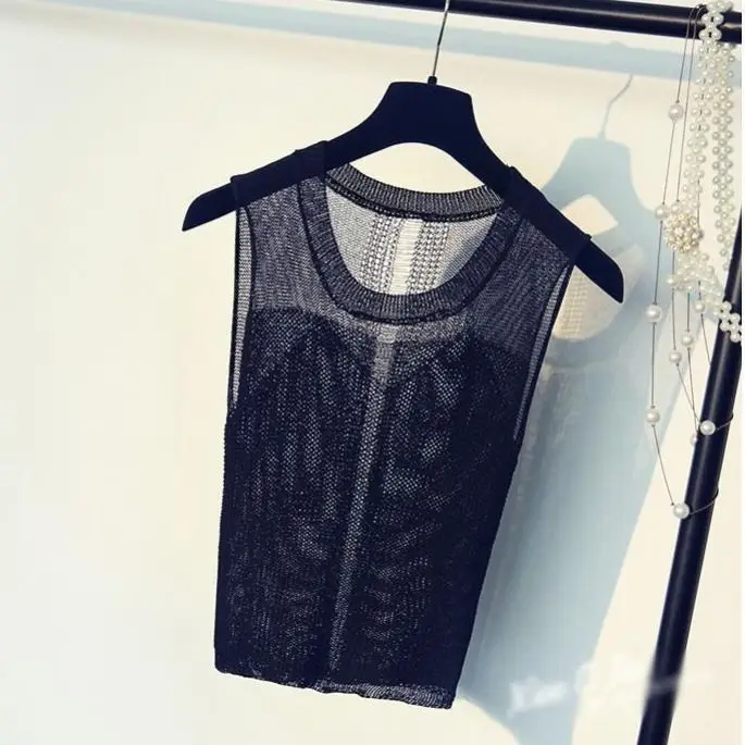 Korean Version Ice Silk Knit Vest Women's Sleeveless Top Knit Sweater Wearing Bottom Suspender Sleeveless T-shirt Woman