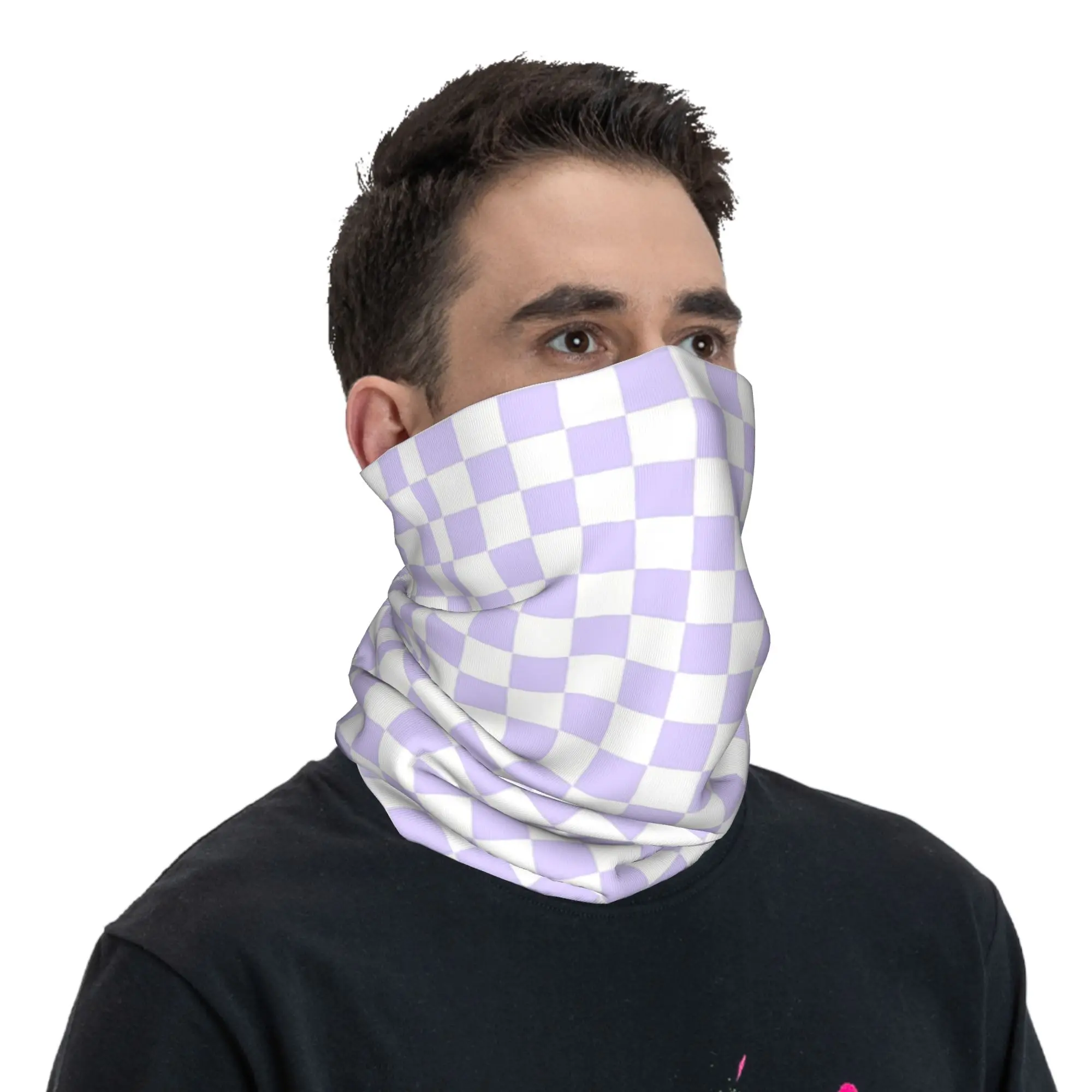 White and Pale Lavender Violet Checkerboard Bandana Neck Cover Printed Wrap Scarf Face Mask Hiking Fishing Unisex Breathable