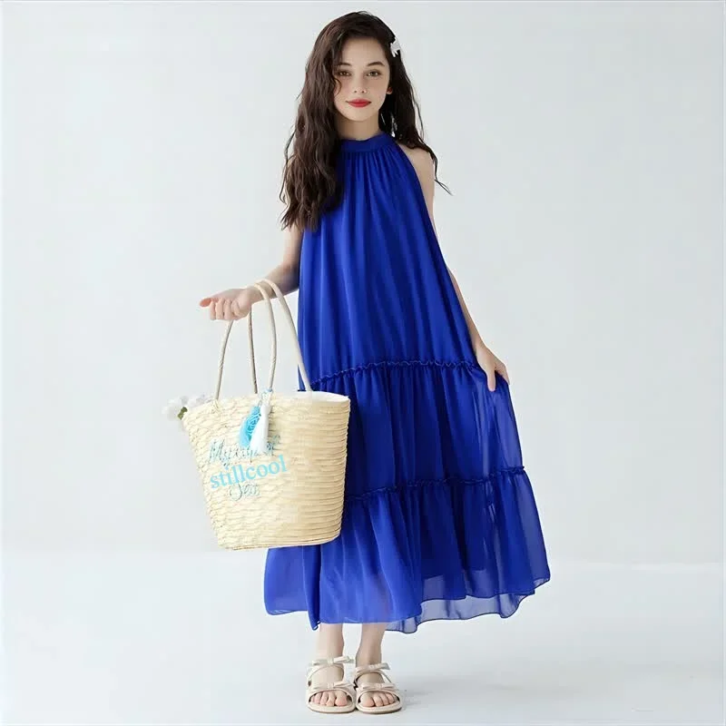 Girls Summer Beach Dress 2024 New Fashion Blue Sleeveless Sling Long Princess Dress Holiday Party Dress Teenage Kids Clothes