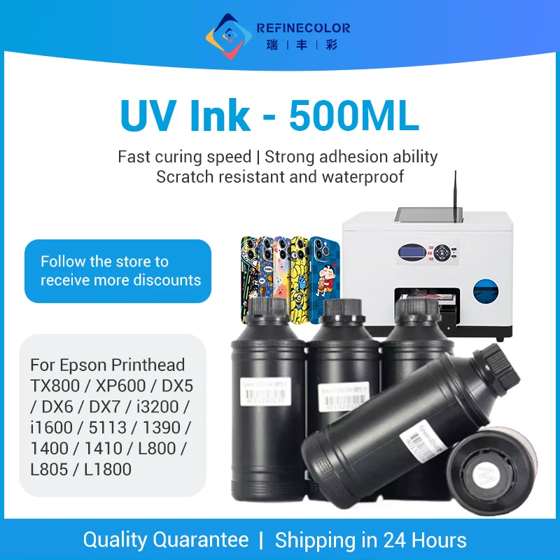 

УФ-чернила Refinecolor UV Hard Ink 500 мл для LED UV-принтеров Epson DX5, DX7, XP600, TX800, L800, L805, L1800, R290, R330, а также для УФ-планшетных принтеров
