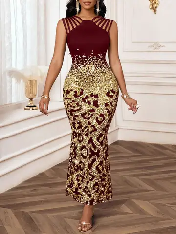Abito Elegante da Donna in Maglia Stampata, Manica Lunga, Scollo a V, Lunghezza Maxi per Occasioni Speciali