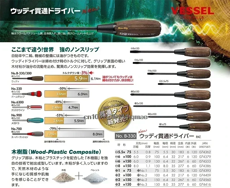 Genuine VESSEL Wood-Compo Tang-thru Type Non-slip Screwdriver PH1 PH2 PH3 SL5.5 SL6 SL8 B-330