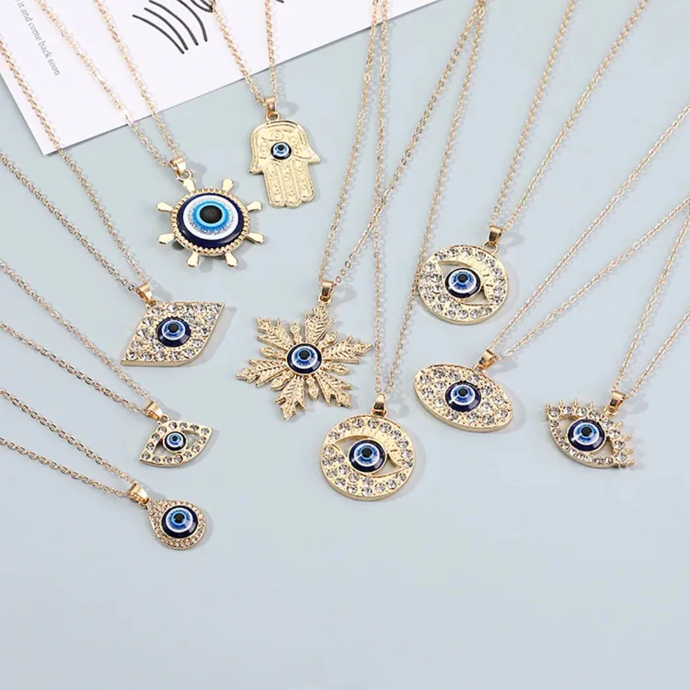 หัวใจตุรกี Blue Evil Eye สร้อยคอผู้หญิง Sun ดอกไม้สีทองจี้คอผู้ชายยาวโซ่สแตนเลสเครื่องประดับ