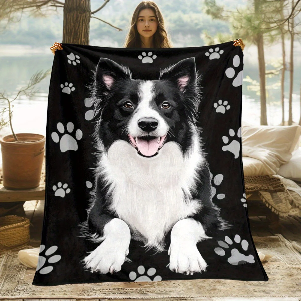 Border collie dog portrait with paw prints black white fur soft flannel blanket pet lover gift cozy home decoration throwblanket