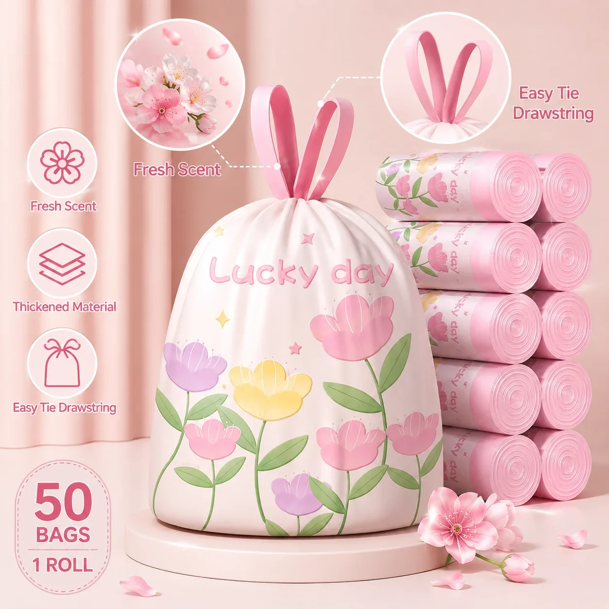 45x45cm 50Pcs Printed Tear-Free Drawstring Trash Bags Disposable Garbage Storage Bags