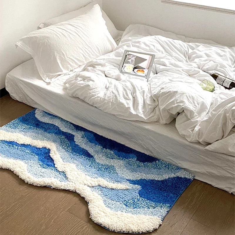 

INS Carpet for Living Room Bedroom Area Rugs Bedside Floor Mat Ocean Wave Shaped Carpets Fluffy Plush Long Rugs 파도 러그