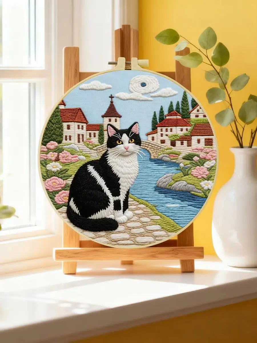 1 Stück 20X20CM/15X15CM 7,87/6,3 Zoll Die Katze am Bach Stickerei-Starter-Kit DIY-Kit DIY-Stickerei-Set Handarbeiten Nadelkunst – Detail 6