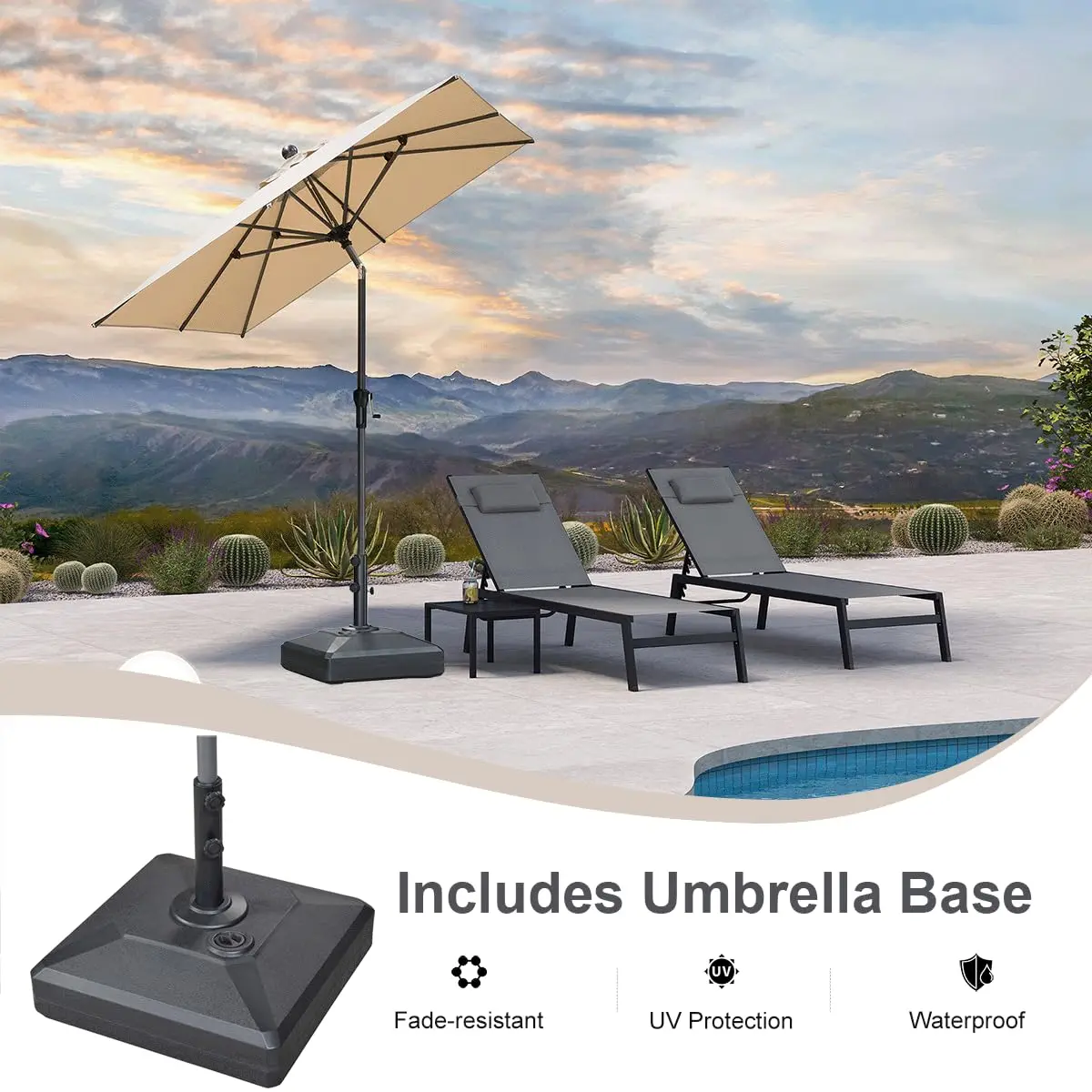 Patio Market Umbrella with Base 6.5' x 6.5' Square Tilt Beige | Dual Tilt, Shade Way, 8 Reinforced Ribs, 200 GSM, Customized